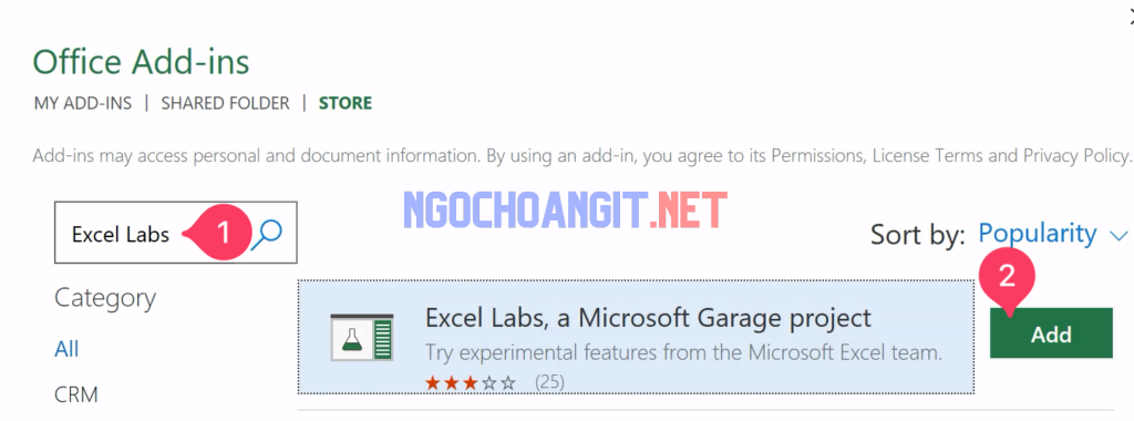 Tìm kiếm và cài đặt Add-in Excel Labs