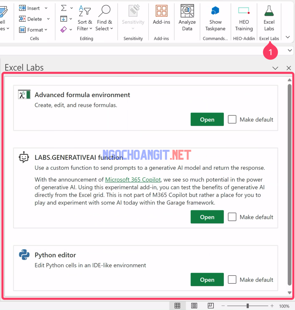 Giao diện khởi đầu của Excel Labs