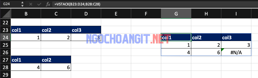 Kết quả của hàm vstack trong Excel